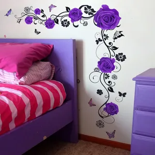 HGDESIGN® Wandtattoo Wandaufkleber Rot Rosen Blumenranke Wohnzimmer Schlafzimmer Wandsticker Wandbild Wanddeko Selbstklebend (Lila)