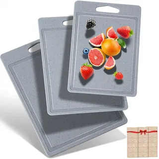 DIFULI Schneidebrett Set 3-teilig Granitoptik, 100% Rutschfeste Aufkleber und Saftkanal, BPA-Free, mit Griff Schneidebretter Kunststoff Antibakteriell, Spülmaschinenfestes, Küchenzubehör(Grau)