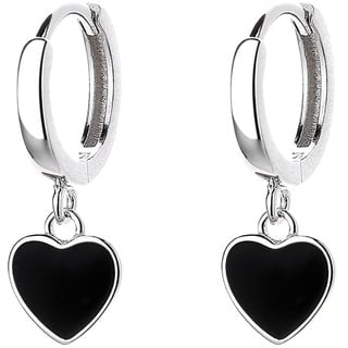 Schwarze Herz Ohrringe 925 Sterling Silber Ohrringe Kleine Huggie Creolen Liebesherz Tropfenohrringe für Damen Mädchen