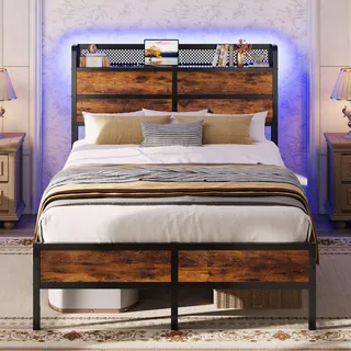 ironck Bett 120x200 cm, Bettgestell 120x200 mit LED Beleuchtung & Ladestation(2 Steckdosen, 1 USB & 1 Typ-C-Anschluss), Metallbett, Doppelbett Jugendbett mit Lattenrost, Unterbett Stauraum