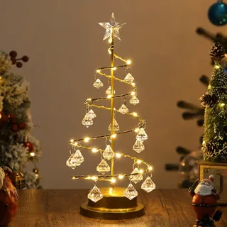 Lewondr Weihnachtsbaum Licht, Batteriebetriebenes Weihnachtsbaum-Nachtlicht, Kristall-Spiral-Weihnachtsbaum-Tischlampe mit Sternenlicht & Metallständer, Weihnachtsdekoration für Zuhause, Gold