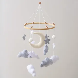 Lanttoe Mondwolke Baby Mobile für Babybett, handgemachtes Filz Mobile Baby in Grau und Weiß, Mobile Babybett aus Holz, stilvolle Babyzimmer Deko für Neugeborene
