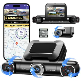 Azdome 4 Kanal 4K dashcam Auto 360 Grad mit 128GB eMMC, 2.5K+3 * 1080P Dashcam, 5G WiFi, Sprachsteuerung Dashcam Auto Vorne Hinten, IR Nachtsicht, Parkmodus, Erinnerung bei Müdigkeit am Steuer