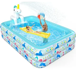 Skirfy Aufblasbarer Pool mit Sprinkler, 300 x 180 x 60 cm XXL Gartenpool, Verdickter Kinderpool für Erwachsene & Kinder, Sommer Outdoor Pool für Garten