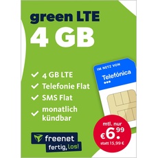 freenet green LTE 4 GB – Handyvertrag im Telefonica Netz mit Internet Flat, Flat Telefonie und SMS und EU-Roaming – In alle deutschen Netze – Monatlich kündbar