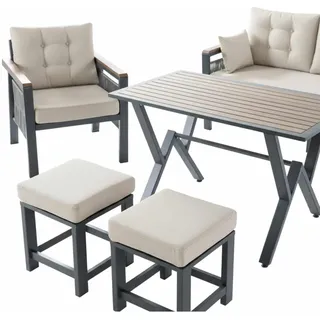 Hanah Home Elegantes Garten-Lounge-Set (5-teilig), cremefarben | 100% Aluminium, pflegeleichter Stoff | 3-Sitzer-Sofa, Ohrensessel & Poufs