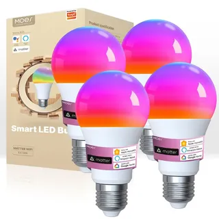 MOES Smart Glühbirne Matter E27, WLAN Alexa LED Lampe RGBCW, WW, mit Dimmbar, Musiksynchronisation, 16 Millionen Farben, kompatibel mit Apple HomeKit, SmartThings, Alexa, Google Home,4 Stück