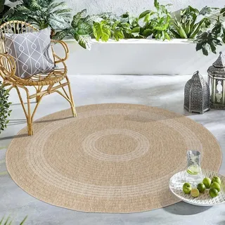 Carpetsale24 Runder Outdoor Teppich Wetterfest Küchen Teppich Wasserfest Flachgewebe Sisal Optik Vintage für Balkon Terrasse Wohnzimmer 120 cm Rund - Beige