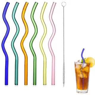 Glas Strohhalme 6 Stück Wiederverwendbare Glas Trinkhalme mit Reinigungsbürste 8x200mm Transparent Wellendesign Strohhalme für Bubble Tea Eistee Kaffee Smoothies Cocktails Milchshakes