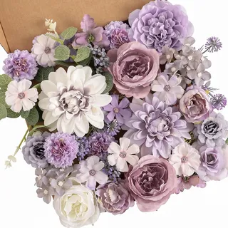 Garisey Künstliche Blumen Kombi-Box Set für DIY Hochzeit Blumenstrauß Arrangements Brautdusche Party Home Dekorationen (Weiß Lila Pfingstrose)
