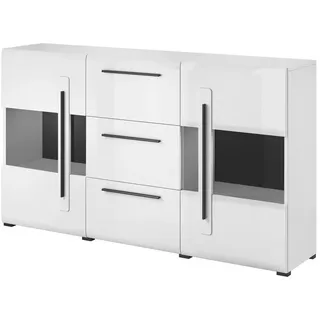 Lomadox Sideboard Vitrine weiß Hochglanz modern mit Absetzungen in schwarz, B/H/T: ca. 180/103/39 cm