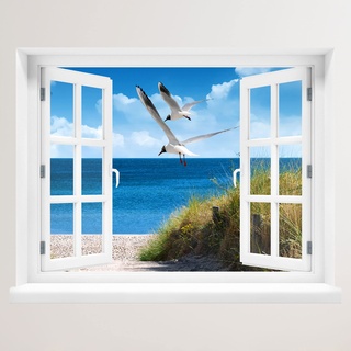 Wandtattoo Fenster mit Aussicht - Strand mit Möwen 100 x 78 cm – Wandsticker