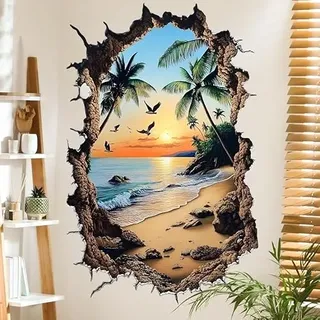 COVPAW Wandtattoo 3D Morgenglühen Wandaufkleber Sonnenuntergang Wandsticker Strand Kokospalme Meer Kinderzimmer Wohnzimmer Babyzimmer Schlafzimmer Wanddeko (Sunset)