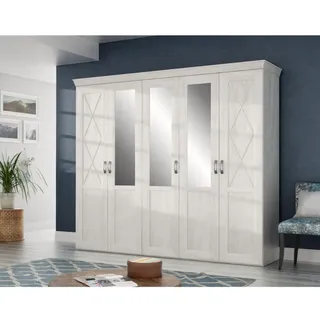 FORTE KASHMIR Schrank 250 260, Kleiderschrank mit Spiegel Drehtürenschrank groß Landhausstil Sschlafzimmer 5-türig, Holzdekor: Pinie Weiß, 255 cm breit x 220.5 cm hoch x 63 cm tief