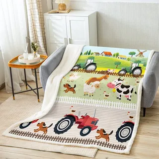 Loussiesd Kinder Karikatur Bauernhof Tiere Decke 150x200cm Kleinkind Niedliche Traktoren Wohndecke für Jungen Kinder Bauernhaus Land Kuscheldecke Bunte Raumdekor Natur Thema Flanell Fleecedecke
