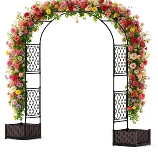 GarveeHome 2 in 1 Rosenbogen Mit Metallrahmen, 2 Blumenkasten Pflanzkästen – Rankhilfe, Torbogen, Garten-Pergola