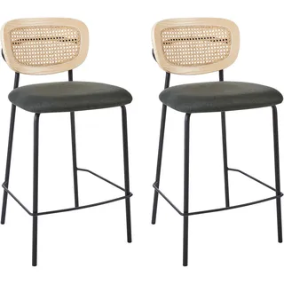 Beliani Barstuhl 2er-Set Rattan Dunkelgrün Mayetta , Naturfarben, Grün, Schwarz , Textil , 45x90x43 cm , Esszimmer, Barmöbel, Barhocker