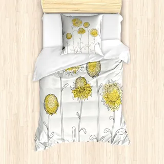 ABAKUHAUS Gelbe Blume Mantele, Hand gezeichnet Botanik, Milbensicher Allergiker geeignet mit Kissenbezügen, 135 cm x 200 cm - 80 x 80 cm, Blassgelb Schwarz