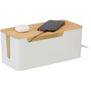 Relaxdays Kabelbox für 2 Steckdosenleisten, Bambusdeckel, Kunststoff, HBT: 13 x 31 x 14 cm, Kabel verstecken, weiß/Natur