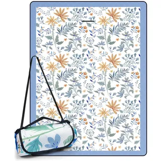 DEWUR Picknickdecke wasserdicht waschbar, Stranddecke Sandfrei XXL Campingdecke Strandmatte isoliert mit wasserdichter Unterseite (Weiß mit Blumen, 300 x 200 cm)