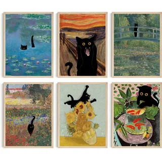 Hambient Wandbilder mit Katzen für moderne Bilder, Dekoration für Wohnzimmer, Schlafzimmer, Schlafzimmer, Badezimmer, Haus, Monet, Van Gogh, Munch, Klimt, 6 Poster (30 x 40 cm - Ohne Rahmen)