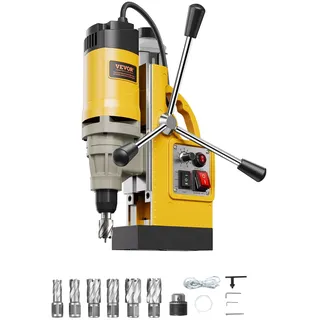 Vevor Magnetbohrmaschine Kernbohrmaschine 1400 W φ50 mm, 12800 N tragbare elektrische Magnetbohrmaschine mit 6 Kernbohrern, 650 U/min Bohrmaschine für Metalloberflächen Industrie Heimwerker Gelb