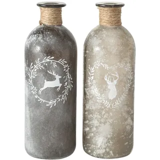ReWu Vase Glasvase 2er-Set - Hirsch Motiv - Gefrostet Dekovase Dekoration Wohndekoration Dekorativ Glas Landhausstil Dekoflaschen Tischvasen Flaschenvase mit Sisalband 7 x 21 cm