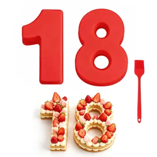 Velicber Silikon Kuchenform Zahlen, 18 Number Cake Backform, 10 Zoll Rot | Zahlen Backformen Groß, 3D Silikon Backform Zahlen, mit Silikonbürste, Wiederverwendbare Zahlenform, für Geburtstag & Party