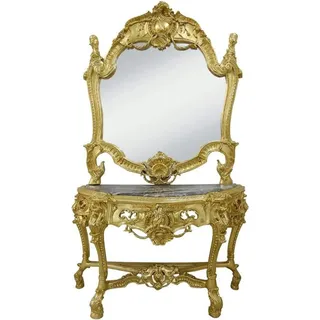 Casa Padrino Barock Spiegelkonsole mit Marmorplatte - Luxus Spiegelkonsole in Gold / Schwarz - 120 x 220 cm - Gold, Schwarz