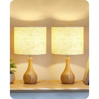 GOEBLESON Nachttischlampe aus Holz 2er Set, Moderne Tischlampe Wohnzimmer, Beige Nachttischlampe mit Kabel, Fensterbank Lampe, E27 2700K Birne, für Schlafzimmer, Nachttisch, Hotel ZME09TLDP205