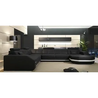 Ledersofa Ecksofa Wohnlandschaft Ecksofa Eckcouch Polster Sitz Ecke Neu USB+LED - Schwarz