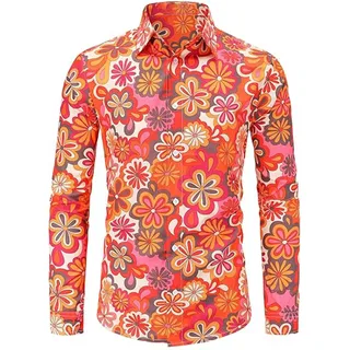 70Er Jahre Outfit Herren Hippie Kostüm Hemd Mode 60Er 80Er Langarm Vintage Herrenhemden Bunt Blumen Hawaii Männer Disco Party Slim Fit Freizeithemd