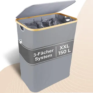 Luxpur® Wäschekorb XXL mit Deckel 3 Fächer Wäschesack Bambus Wäsche-Sortier-System Faltbare Wäschebox Wäschesammler Wäschetrenner Wäschetruhe Laundry Basket
