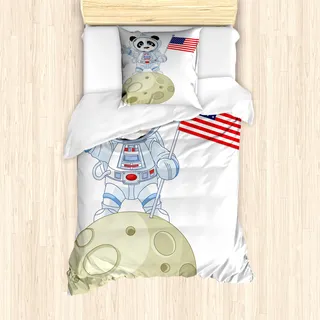 ABAKUHAUS Panda Mantele, Astronaut auf Mond-Karikatur, Milbensicher Allergiker geeignet mit Kissenbezügen, 135 cm x 200 cm - 80 x 80 cm, Red Navy White