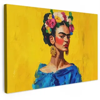 MuchoWow Leinwandbild Frida Kahlo - Frau - Gelb - Blau - Blumen Groß 140x90 cm , Textil , Kiefer , Rechteckig , 140x90 cm , FSC 100% , gerahmt , Bilder & Rahmen, Bilder, Leinwandbilder