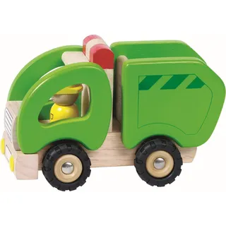 goki 55964 Müllwagen, Klassisches Holzspielzeug mit Gummibereifung, Robustes Spielfahrzeug aus Massivholz, 18,5 x 9,5 x 11,5 cm, Spielzeugauto mit beweglicher Heckklappe