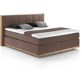 Mivano Levana Boxspringbett mit Sockel aus Eiche, 7-Zonen-Federkern, Matratzen H3/H4 + Topper Premium, Mikrofaser, Braun, Liegefläche 200 x 200 cm