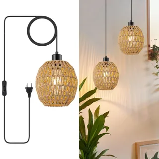 WILON 2 Hängelampe mit Stecker, Rattan Hängeleuchte, Esstischlampe Hängend