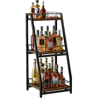 Nuovoware 3-stöckiger Spirituosenschrank, Minibar, freistehendes Weinregal | Eckregal für Spirituosenflaschen mit Einfassungen und Ausziehschublade für Küche, Esszimmer und Wohnzimmer, schwarz+braun