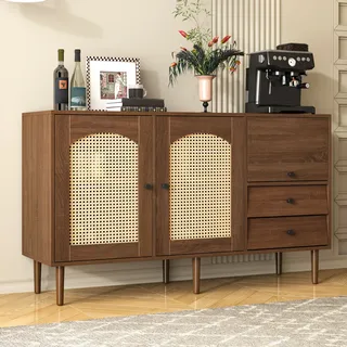 Merax Kommode Rattangeflecht Sideboard mit 3 Türen und 2 Schubladen, Antik Landhaus Stil Kommode aus Holz und Rattan, B/H/T:130/76/41 cm - Braun