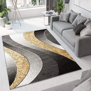 TAPISO Dream Teppich Wohnzimmer Schlafzimmer Esszimmer Kurzflor Modern Meliert Wellen Grau Dunkelgrau Gold Gelb ÖKOTEX 120 x 170 cm
