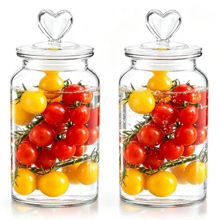 HomeyHoney Deko Glas mit Herzförmig Deckel, Candy Bar Gläser 2er Set | Runde Vorratsgläser mit Niedlich Deckel Küche als Spaßglas, Bonbonglas für Süßigkeiten, Kaffee, Kekse, 1300 ml, Glatt