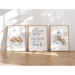 MeinBaby123® Bilder Kinderzimmer | 3er Set DIN A4 Poster Set | Wandbilder mit Spruch | Regenbogen | Deko Kinderzimmer Mädchen und Jungen | Babyzimmer Deko | Wandposter Premium (Bär & Mond)