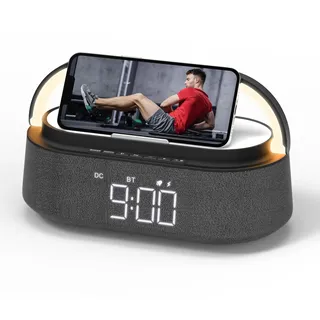 COLSUR Radiowecker Digital mit Wireless Charger, Bluetooth Lautsprecher mit USB-Kabelloser Ladegerät, Smart Wecker Schlummerfunktion Induktive Ladestation mit Licht, Nachtlampe,Dimmbares LED Display