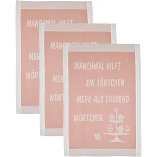 ROSS Geschirrtuch »Manchmal hilft ein Törtchen mehr als tausend Wörtchen«, (Set, 3 tlg.), Sprüchetuch, aus 100% Baumwolle, rosa