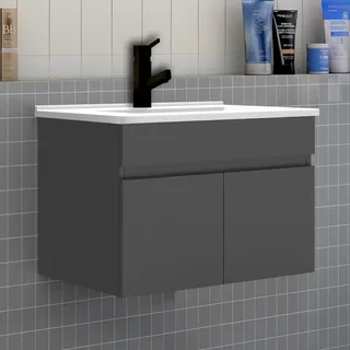 Badezimmer Badmöbel 60 cm Dünn Keramik Waschtisch mit Unterschrank Hängeschrank Badezimmerschränke Badschrank mit 2 Türen Anthrazit - Dunkelgrau