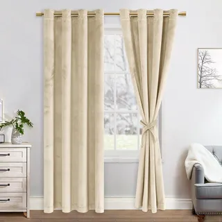 JIUZHEN Verdunklungsvorhang aus Samt, 2er Set Beige und Grün Samtvorhang mit Ösen, weiche blickdichte Gardinen für Deko im Schlaf- und Wohnzimmer, 140x225cm (BxH)