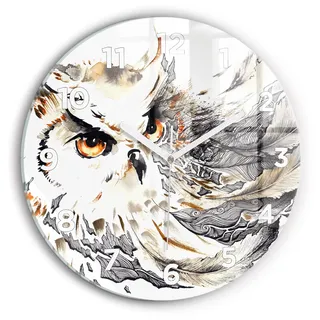 Wallfluent Wanduhr – Stilles Quarzuhrwerk - Uhr Dekoration Wohnzimmer Schlafzimmer Küche - Zifferblatt - weiße Zeiger - 30 cm - Eule Symbol der Weisheit - Braun