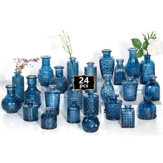 Kleine Glasvasen Set von 24, für Tischdekoration, Hochzeit, Empfang, Zuhause, Vintage-Flaschen, Transparent, Dekorative Glasvasen mit Deckeln (24, Blau)