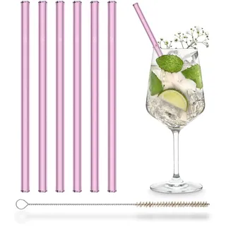 HALM Rosa Glasstrohhalme 6 Stück 20 cm in Rosa/Pink Strohhalme aus Glas + plastikfreie Reinigungsbürste - Spülmaschinenfest & Nachhaltig - Glastrinkhalme